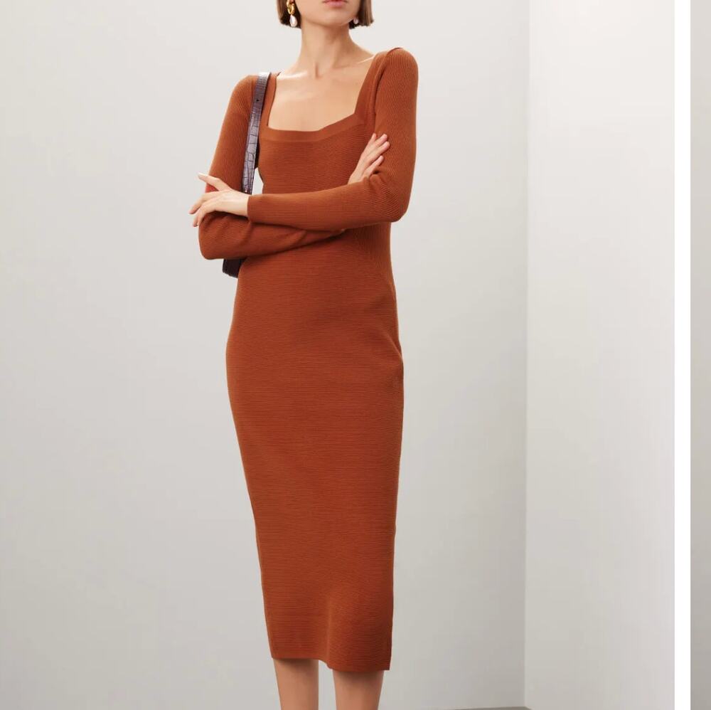 Toccin Rust Brown Midi Ribbed Knit Dress SMALL Career Bodycon Work Designer $325